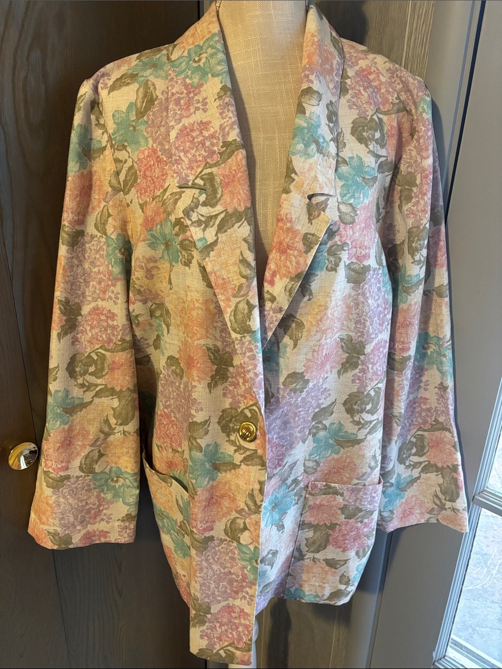 Vintage Sag Harbor Floral Oversized Blazer Linen Blend 80s Golden Girls Style